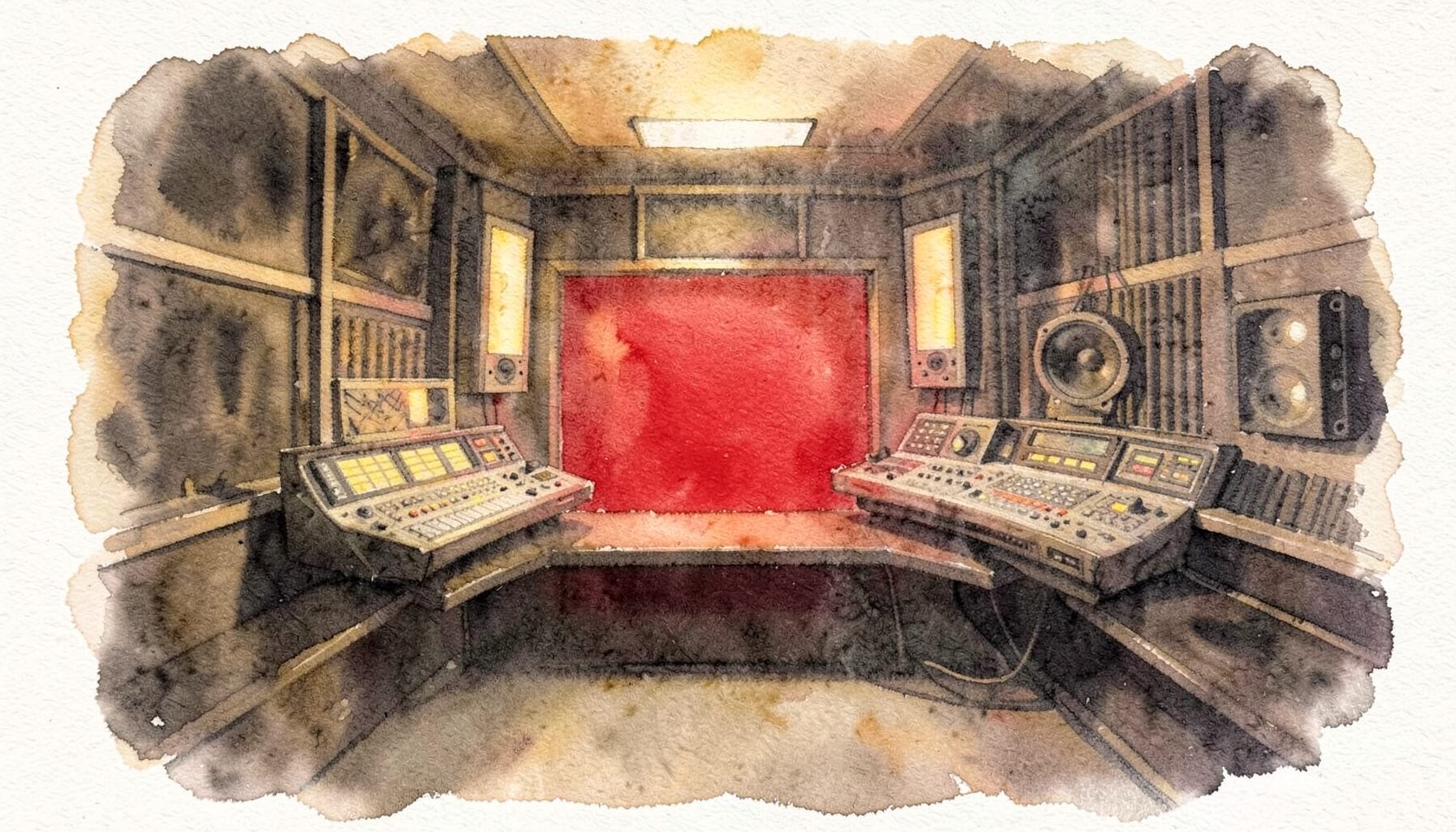 A soft watercolour painting in warm amber and deep charcoal, suggesting a broadcast studio with glowing equipment panels and soundproofing textures